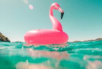 Wallpaper Pink Flamingo Swim Ring on Body of Water in Summer