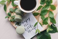 Wallpaper Flat Lay Photography of Leaves, Coffee, and Macarons