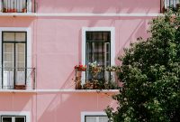 Wallpaper Pink Concrete Commercial Building Near Green Tree