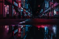 Wallpaper Wet Street in Between Buildings at Night