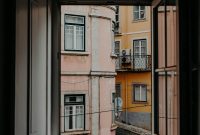 Wallpaper Wooden Window Opened with View of Concrete Buildings